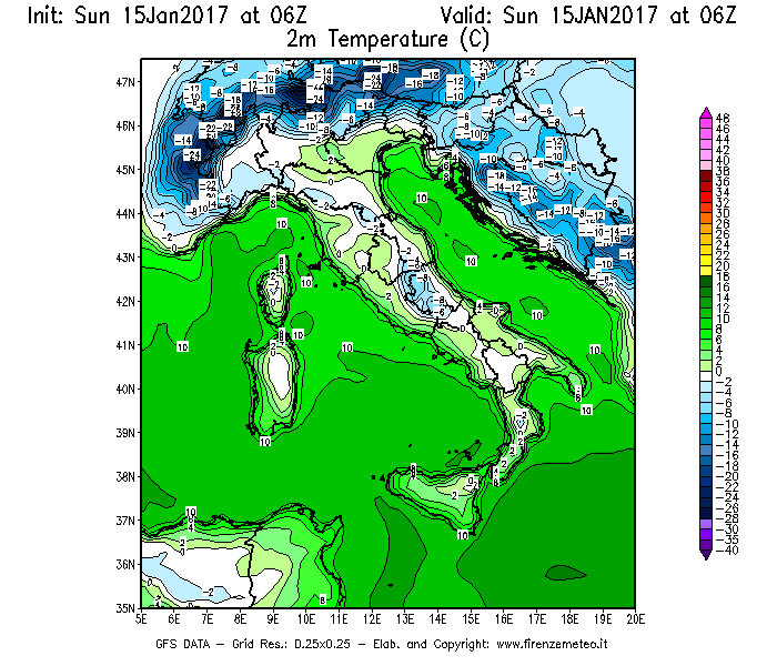 Mappa di analisi GFS - Temperatura a 2 metri dal suolo [°C] in Italia
							del 15/01/2017 06 <!--googleoff: index-->UTC<!--googleon: index-->