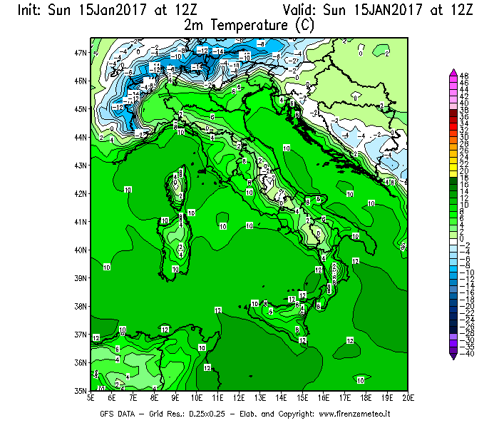 Mappa di analisi GFS - Temperatura a 2 metri dal suolo [°C] in Italia
							del 15/01/2017 12 <!--googleoff: index-->UTC<!--googleon: index-->