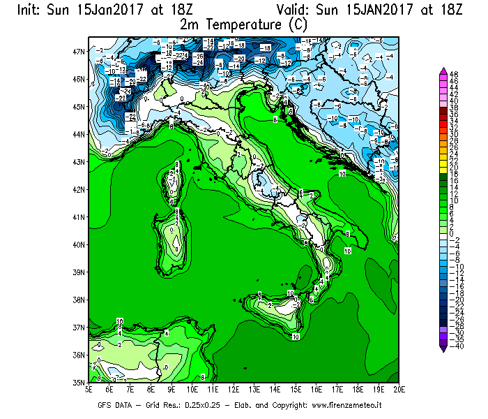 Mappa di analisi GFS - Temperatura a 2 metri dal suolo [°C] in Italia
							del 15/01/2017 18 <!--googleoff: index-->UTC<!--googleon: index-->