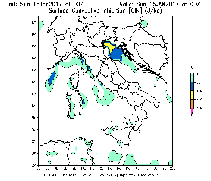 Mappa di analisi GFS - CIN [J/kg] in Italia
							del 15/01/2017 00 <!--googleoff: index-->UTC<!--googleon: index-->