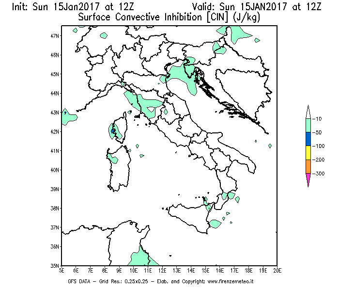 Mappa di analisi GFS - CIN [J/kg] in Italia
									del 15/01/2017 12 <!--googleoff: index-->UTC<!--googleon: index-->
