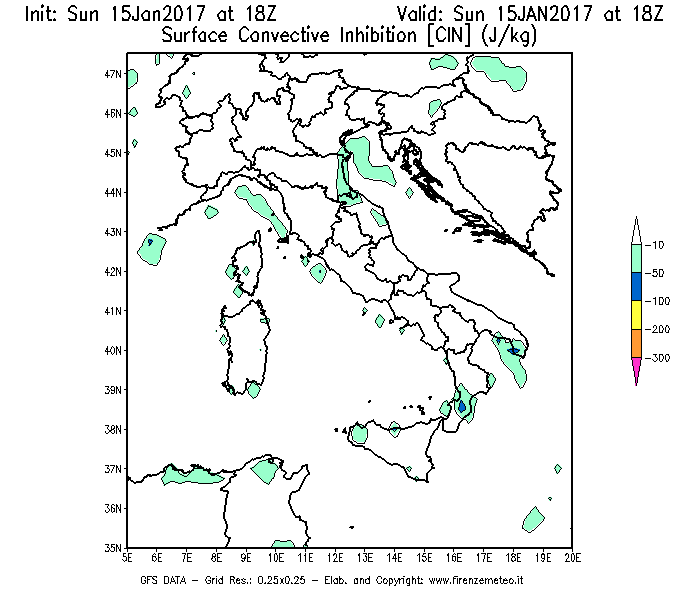 Mappa di analisi GFS - CIN [J/kg] in Italia
							del 15/01/2017 18 <!--googleoff: index-->UTC<!--googleon: index-->