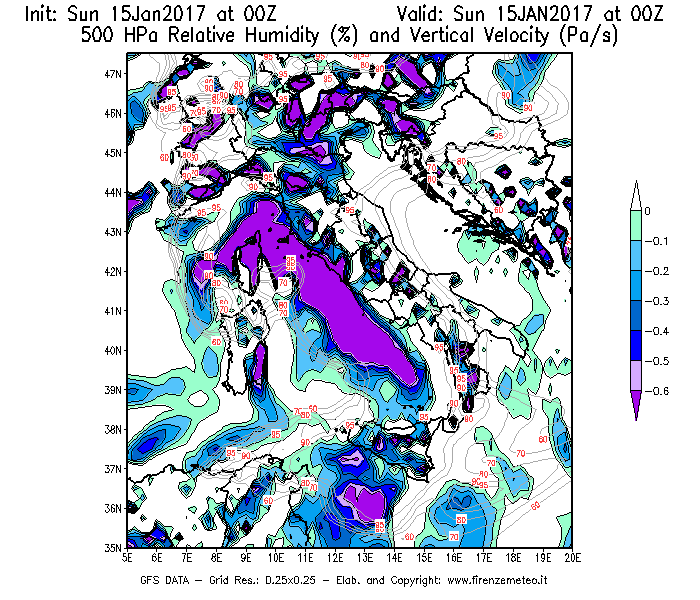 Mappa di analisi GFS - Umidità relativa [%] e Omega [Pa/s] a 500 hPa in Italia
							del 15/01/2017 00 <!--googleoff: index-->UTC<!--googleon: index-->