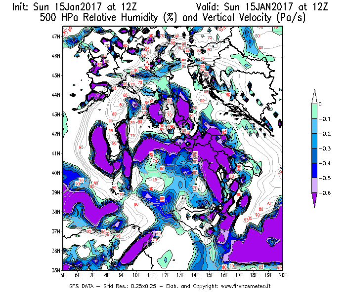 Mappa di analisi GFS - Umidità relativa [%] e Omega [Pa/s] a 500 hPa in Italia
									del 15/01/2017 12 <!--googleoff: index-->UTC<!--googleon: index-->