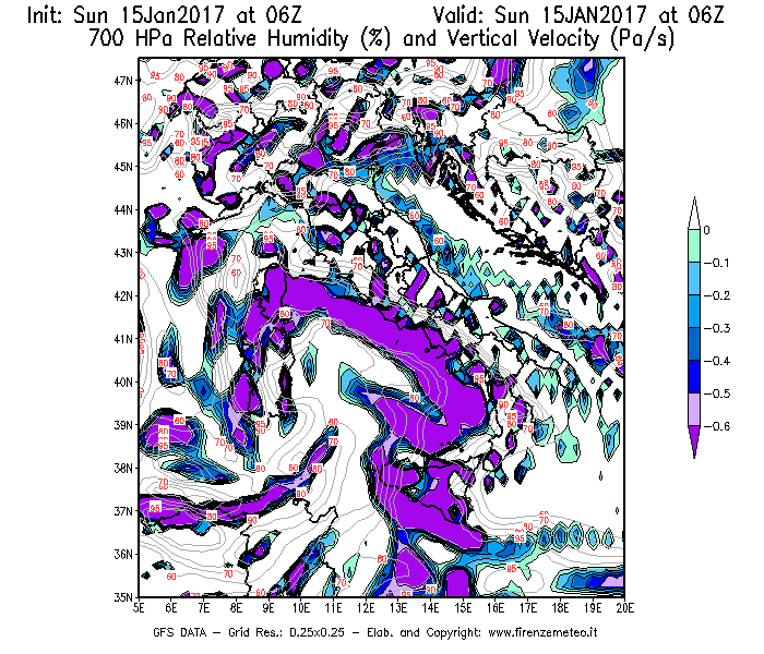 Mappa di analisi GFS - Umidità relativa [%] e Omega [Pa/s] a 700 hPa in Italia
							del 15/01/2017 06 <!--googleoff: index-->UTC<!--googleon: index-->