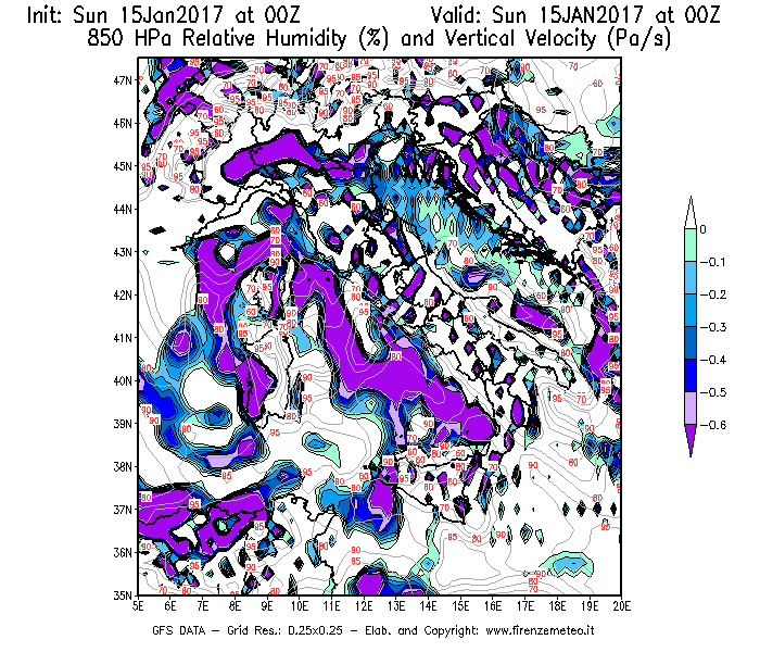 Mappa di analisi GFS - Umidità relativa [%] e Omega [Pa/s] a 850 hPa in Italia
							del 15/01/2017 00 <!--googleoff: index-->UTC<!--googleon: index-->