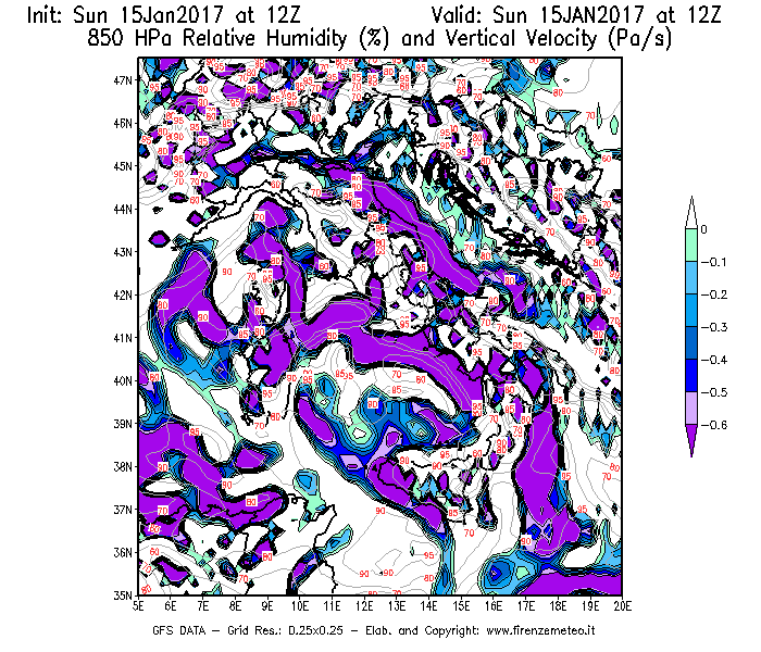 Mappa di analisi GFS - Umidità relativa [%] e Omega [Pa/s] a 850 hPa in Italia
									del 15/01/2017 12 <!--googleoff: index-->UTC<!--googleon: index-->