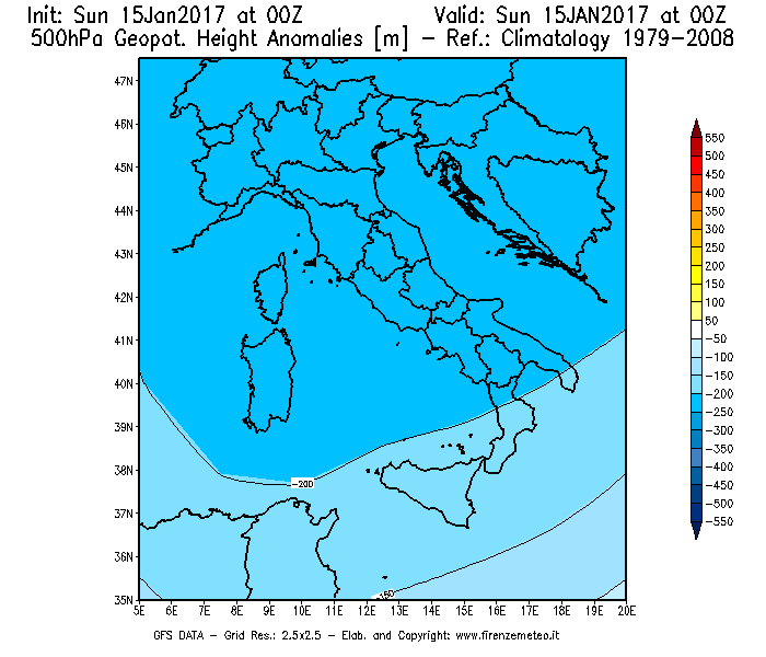 Mappa di analisi GFS - Anomalia di Geopotenziale a 500 hPa in Italia
									del 15/01/2017 00 <!--googleoff: index-->UTC<!--googleon: index-->