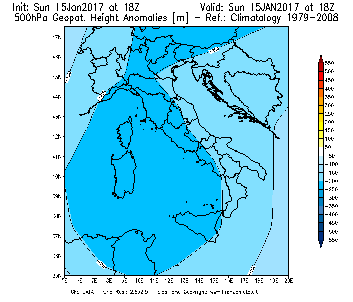 Mappa di analisi GFS - Anomalia di Geopotenziale a 500 hPa in Italia
							del 15/01/2017 18 <!--googleoff: index-->UTC<!--googleon: index-->