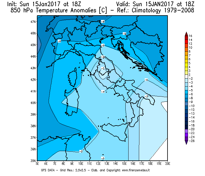 Mappa di analisi GFS - Anomalia Temperatura [°C] a 850 hPa in Italia
							del 15/01/2017 18 <!--googleoff: index-->UTC<!--googleon: index-->