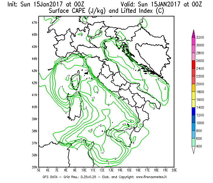 Mappa di analisi GFS - CAPE [J/kg] e Lifted Index [°C] in Italia
							del 15/01/2017 00 <!--googleoff: index-->UTC<!--googleon: index-->