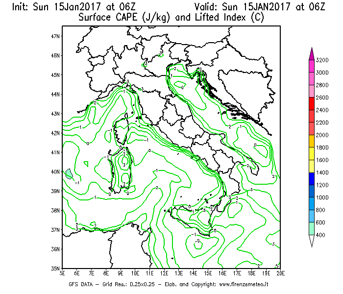 Mappa di analisi GFS - CAPE [J/kg] e Lifted Index [°C] in Italia
							del 15/01/2017 06 <!--googleoff: index-->UTC<!--googleon: index-->