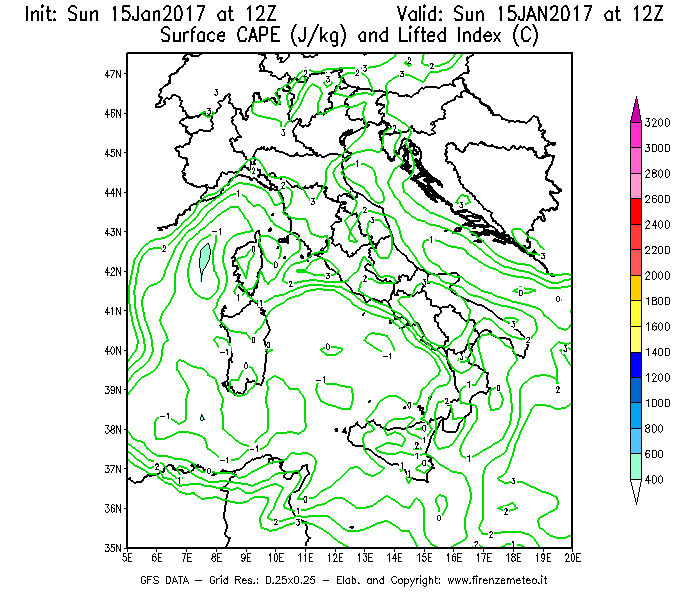 Mappa di analisi GFS - CAPE [J/kg] e Lifted Index [°C] in Italia
							del 15/01/2017 12 <!--googleoff: index-->UTC<!--googleon: index-->