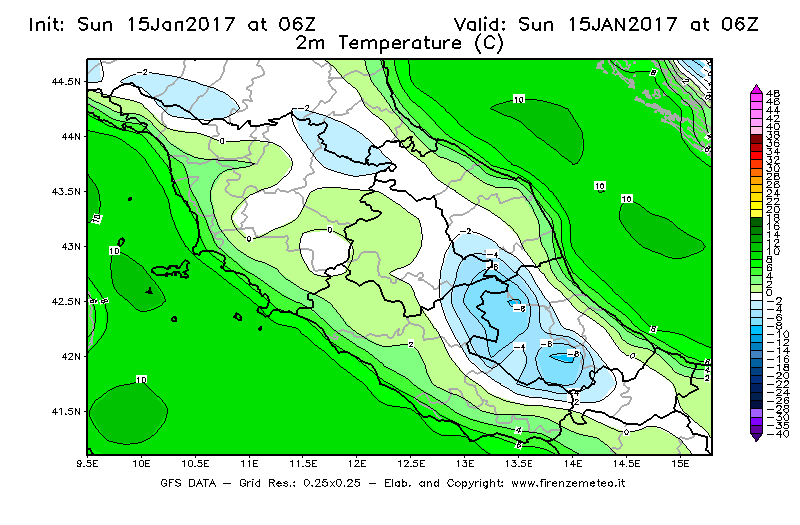 Mappa di analisi GFS - Temperatura a 2 metri dal suolo [°C] in Centro-Italia
							del 15/01/2017 06 <!--googleoff: index-->UTC<!--googleon: index-->
