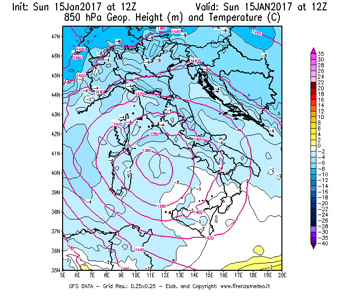 Mappa di analisi GFS - Geopotenziale [m] e Temperatura [°C] a 850 hPa in Italia
							del 15/01/2017 12 <!--googleoff: index-->UTC<!--googleon: index-->