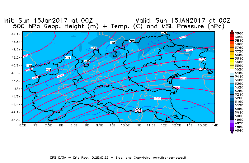Mappa di analisi GFS - Geopotenziale [m] + Temp. [°C] a 500 hPa + Press. a livello del mare [hPa] in Nord-Italia
							del 15/01/2017 00 <!--googleoff: index-->UTC<!--googleon: index-->