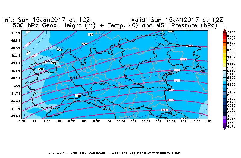 Mappa di analisi GFS - Geopotenziale [m] + Temp. [°C] a 500 hPa + Press. a livello del mare [hPa] in Nord-Italia
							del 15/01/2017 12 <!--googleoff: index-->UTC<!--googleon: index-->