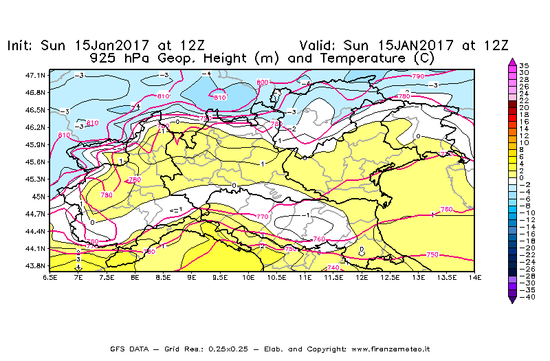 Mappa di analisi GFS - Geopotenziale [m] e Temperatura [°C] a 925 hPa in Nord-Italia
							del 15/01/2017 12 <!--googleoff: index-->UTC<!--googleon: index-->