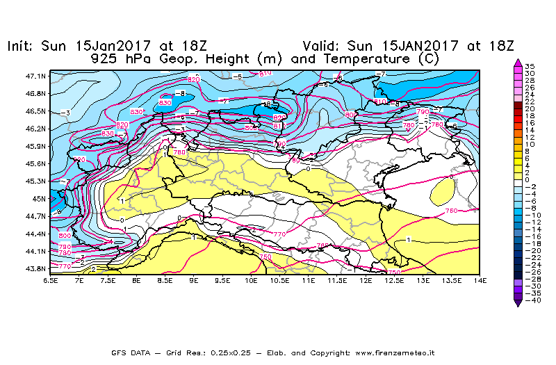 Mappa di analisi GFS - Geopotenziale [m] e Temperatura [°C] a 925 hPa in Nord-Italia
							del 15/01/2017 18 <!--googleoff: index-->UTC<!--googleon: index-->