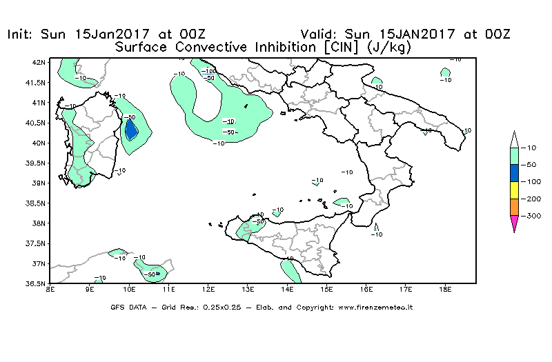Mappa di analisi GFS - CIN [J/kg] in Sud-Italia
							del 15/01/2017 00 <!--googleoff: index-->UTC<!--googleon: index-->