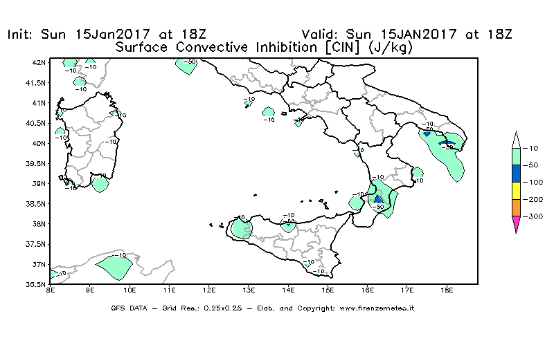 Mappa di analisi GFS - CIN [J/kg] in Sud-Italia
							del 15/01/2017 18 <!--googleoff: index-->UTC<!--googleon: index-->