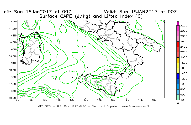 Mappa di analisi GFS - CAPE [J/kg] e Lifted Index [°C] in Sud-Italia
							del 15/01/2017 00 <!--googleoff: index-->UTC<!--googleon: index-->