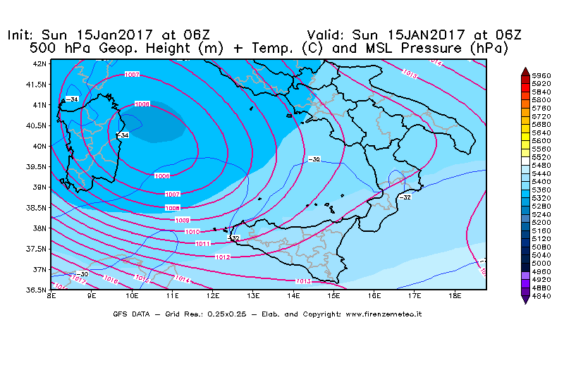 Mappa di analisi GFS - Geopotenziale [m] + Temp. [°C] a 500 hPa + Press. a livello del mare [hPa] in Sud-Italia
							del 15/01/2017 06 <!--googleoff: index-->UTC<!--googleon: index-->