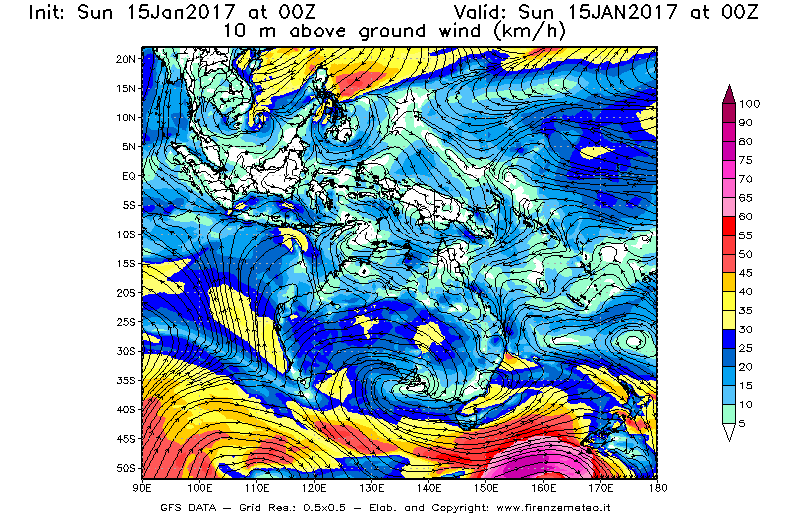 Mappa di analisi GFS - Velocità del vento a 10 metri dal suolo [km/h] in Oceania
							del 15/01/2017 00 <!--googleoff: index-->UTC<!--googleon: index-->