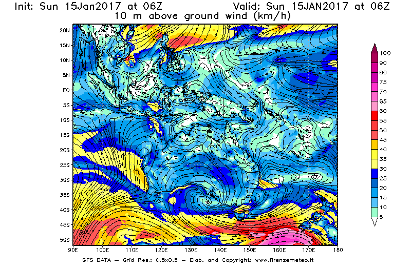Mappa di analisi GFS - Velocità del vento a 10 metri dal suolo [km/h] in Oceania
							del 15/01/2017 06 <!--googleoff: index-->UTC<!--googleon: index-->