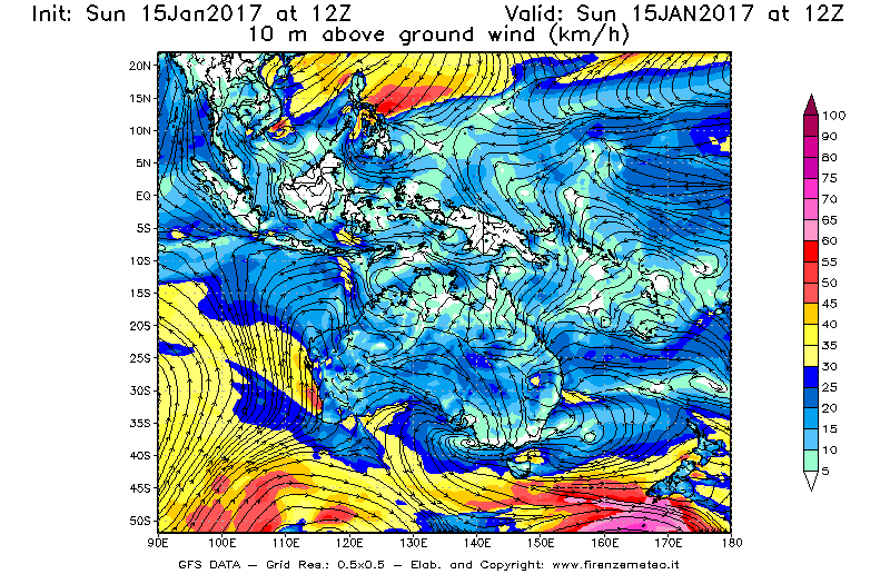 Mappa di analisi GFS - Velocità del vento a 10 metri dal suolo [km/h] in Oceania
									del 15/01/2017 12 <!--googleoff: index-->UTC<!--googleon: index-->