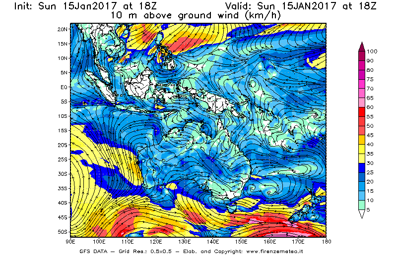 Mappa di analisi GFS - Velocità del vento a 10 metri dal suolo [km/h] in Oceania
							del 15/01/2017 18 <!--googleoff: index-->UTC<!--googleon: index-->