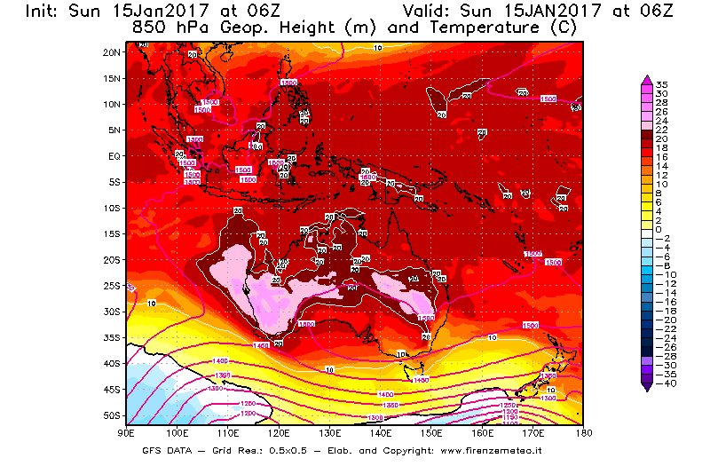 Mappa di analisi GFS - Geopotenziale [m] e Temperatura [°C] a 850 hPa in Oceania
							del 15/01/2017 06 <!--googleoff: index-->UTC<!--googleon: index-->