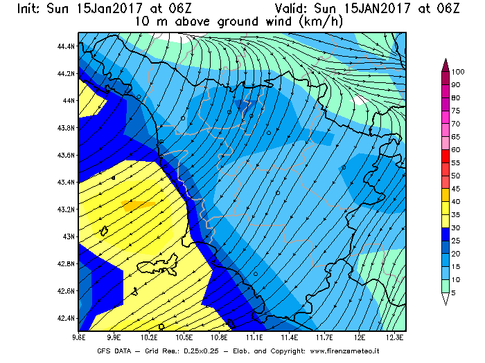 Mappa di analisi GFS - Velocità del vento a 10 metri dal suolo [km/h] in Toscana
							del 15/01/2017 06 <!--googleoff: index-->UTC<!--googleon: index-->