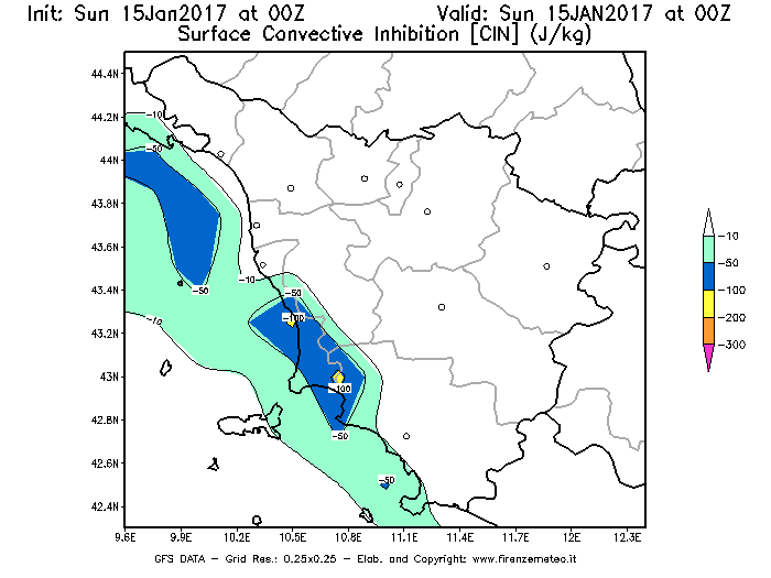 Mappa di analisi GFS - CIN [J/kg] in Toscana
							del 15/01/2017 00 <!--googleoff: index-->UTC<!--googleon: index-->