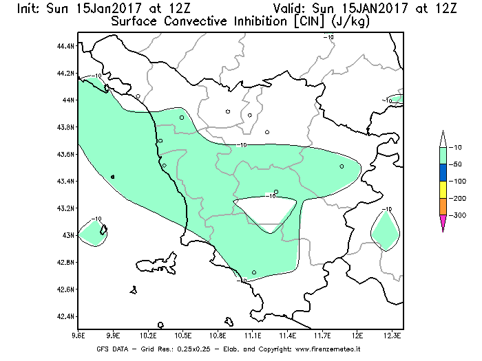 Mappa di analisi GFS - CIN [J/kg] in Toscana
							del 15/01/2017 12 <!--googleoff: index-->UTC<!--googleon: index-->