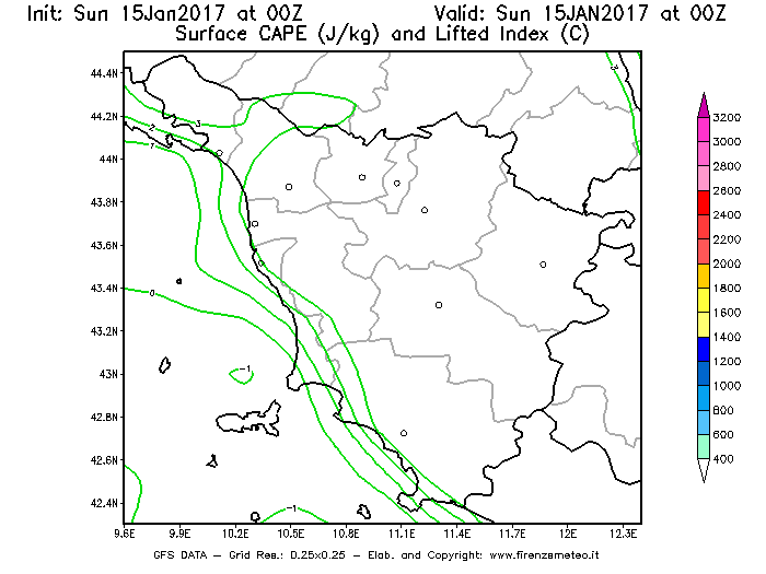 Mappa di analisi GFS - CAPE [J/kg] e Lifted Index [°C] in Toscana
							del 15/01/2017 00 <!--googleoff: index-->UTC<!--googleon: index-->