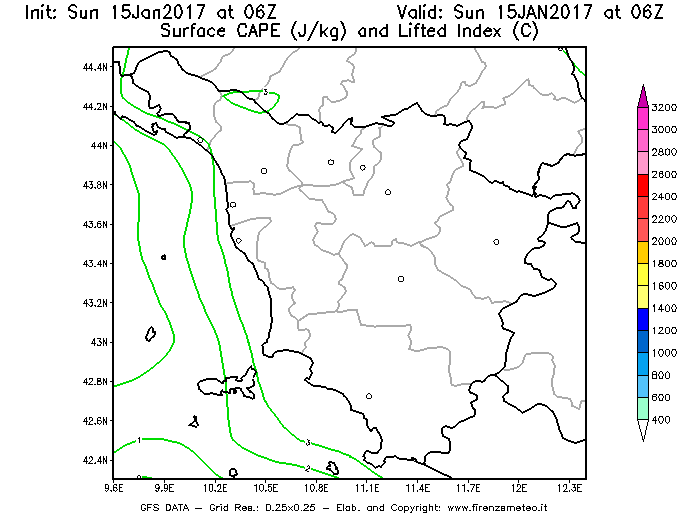 Mappa di analisi GFS - CAPE [J/kg] e Lifted Index [°C] in Toscana
							del 15/01/2017 06 <!--googleoff: index-->UTC<!--googleon: index-->