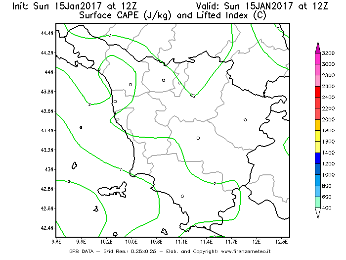 Mappa di analisi GFS - CAPE [J/kg] e Lifted Index [°C] in Toscana
									del 15/01/2017 12 <!--googleoff: index-->UTC<!--googleon: index-->