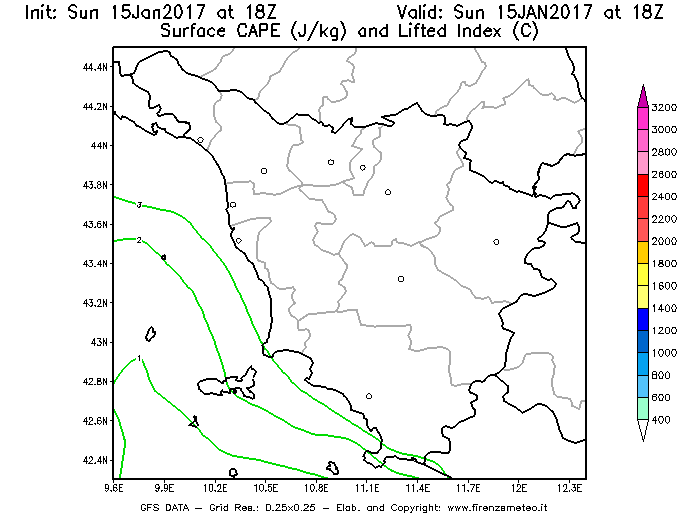 Mappa di analisi GFS - CAPE [J/kg] e Lifted Index [°C] in Toscana
									del 15/01/2017 18 <!--googleoff: index-->UTC<!--googleon: index-->