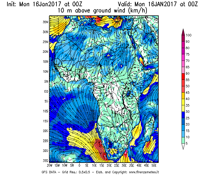 Mappa di analisi GFS - Velocità del vento a 10 metri dal suolo [km/h] in Africa
							del 16/01/2017 00 <!--googleoff: index-->UTC<!--googleon: index-->