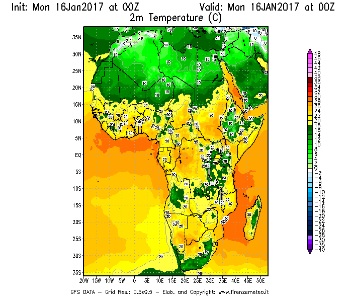 Mappa di analisi GFS - Temperatura a 2 metri dal suolo [°C] in Africa
							del 16/01/2017 00 <!--googleoff: index-->UTC<!--googleon: index-->