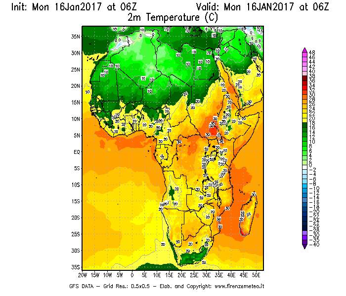 Mappa di analisi GFS - Temperatura a 2 metri dal suolo [°C] in Africa
							del 16/01/2017 06 <!--googleoff: index-->UTC<!--googleon: index-->