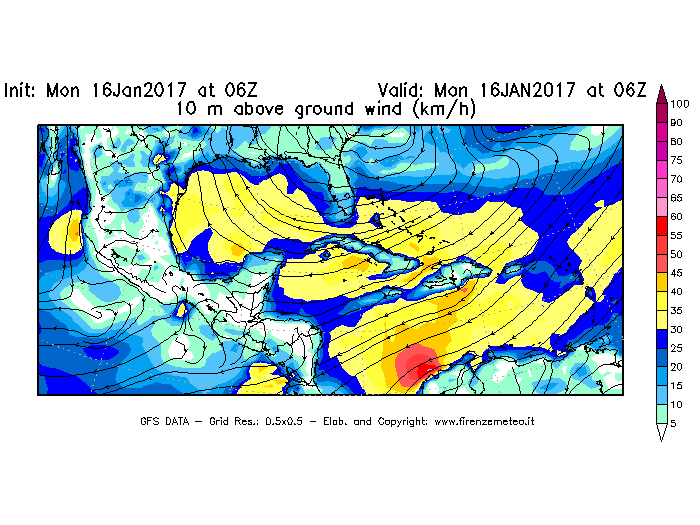 Mappa di analisi GFS - Velocità del vento a 10 metri dal suolo [km/h] in Centro-America
							del 16/01/2017 06 <!--googleoff: index-->UTC<!--googleon: index-->