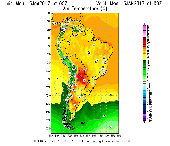 Mappa di analisi GFS - Temperatura a 2 metri dal suolo [°C] in Sud-America
							del 16/01/2017 00 <!--googleoff: index-->UTC<!--googleon: index-->
