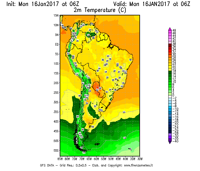 Mappa di analisi GFS - Temperatura a 2 metri dal suolo [°C] in Sud-America
							del 16/01/2017 06 <!--googleoff: index-->UTC<!--googleon: index-->