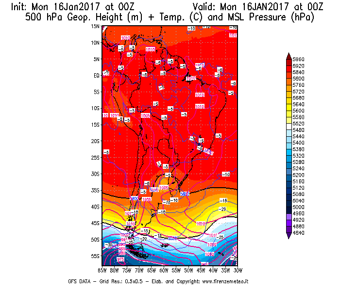 Mappa di analisi GFS - Geopotenziale [m] + Temp. [°C] a 500 hPa + Press. a livello del mare [hPa] in Sud-America
							del 16/01/2017 00 <!--googleoff: index-->UTC<!--googleon: index-->