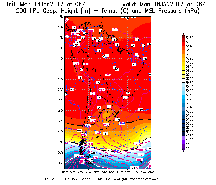Mappa di analisi GFS - Geopotenziale [m] + Temp. [°C] a 500 hPa + Press. a livello del mare [hPa] in Sud-America
							del 16/01/2017 06 <!--googleoff: index-->UTC<!--googleon: index-->