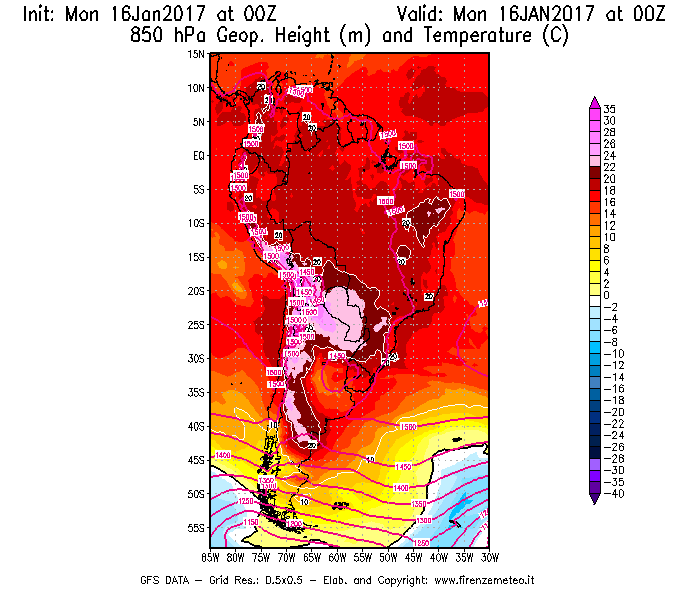 Mappa di analisi GFS - Geopotenziale [m] e Temperatura [°C] a 850 hPa in Sud-America
							del 16/01/2017 00 <!--googleoff: index-->UTC<!--googleon: index-->