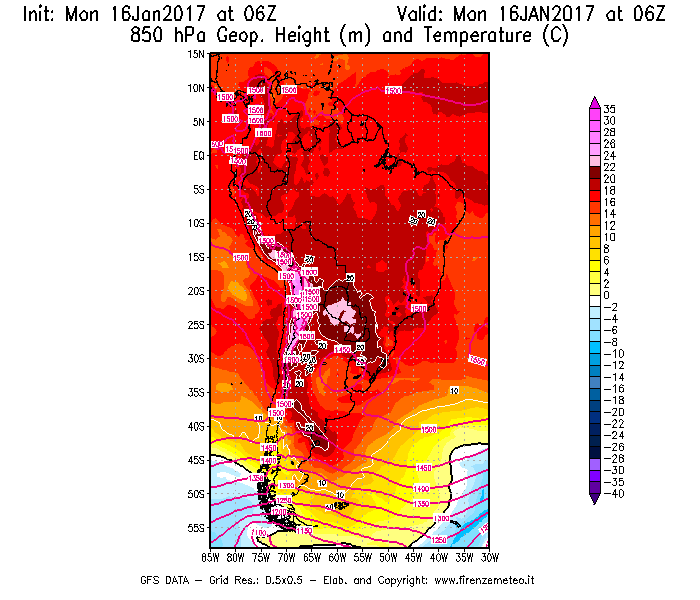 Mappa di analisi GFS - Geopotenziale [m] e Temperatura [°C] a 850 hPa in Sud-America
							del 16/01/2017 06 <!--googleoff: index-->UTC<!--googleon: index-->