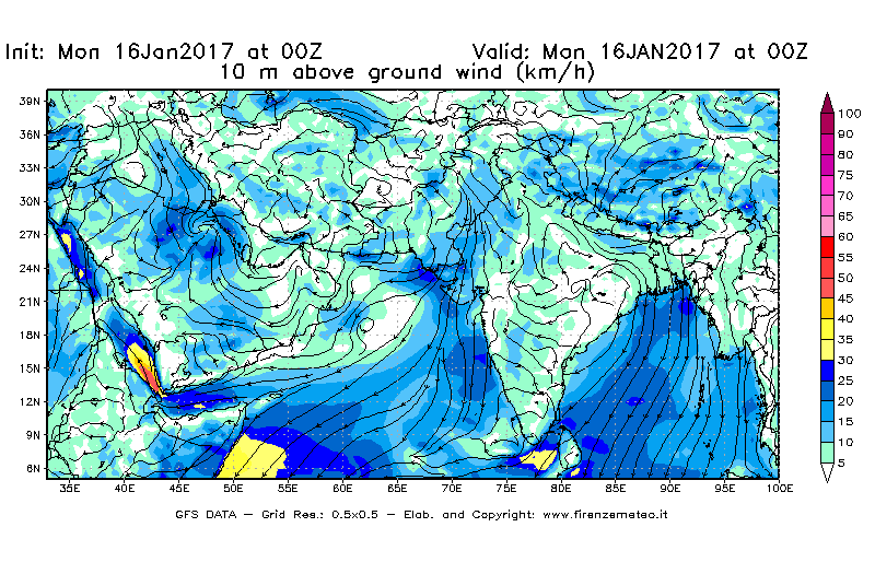 Mappa di analisi GFS - Velocità del vento a 10 metri dal suolo [km/h] in Asia Sud-Occidentale
							del 16/01/2017 00 <!--googleoff: index-->UTC<!--googleon: index-->